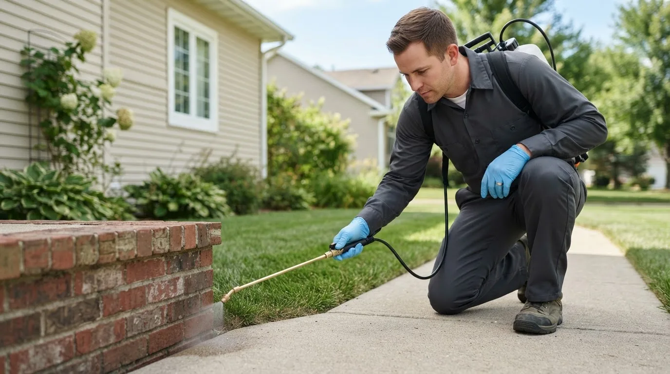Pest control technician treating a home near Perrinton, MI