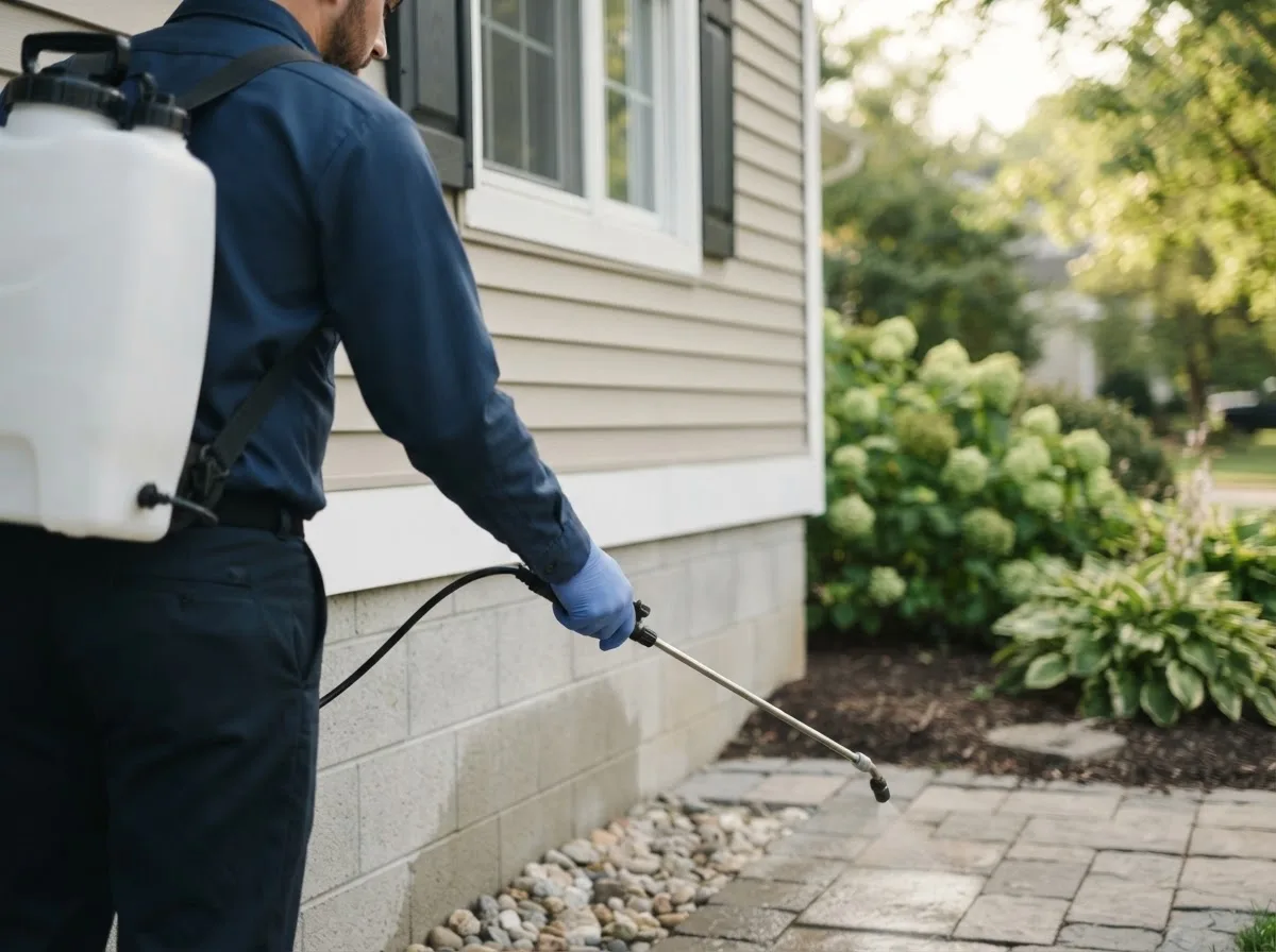 Pest control technician inspecting a home in Perrinton, MI